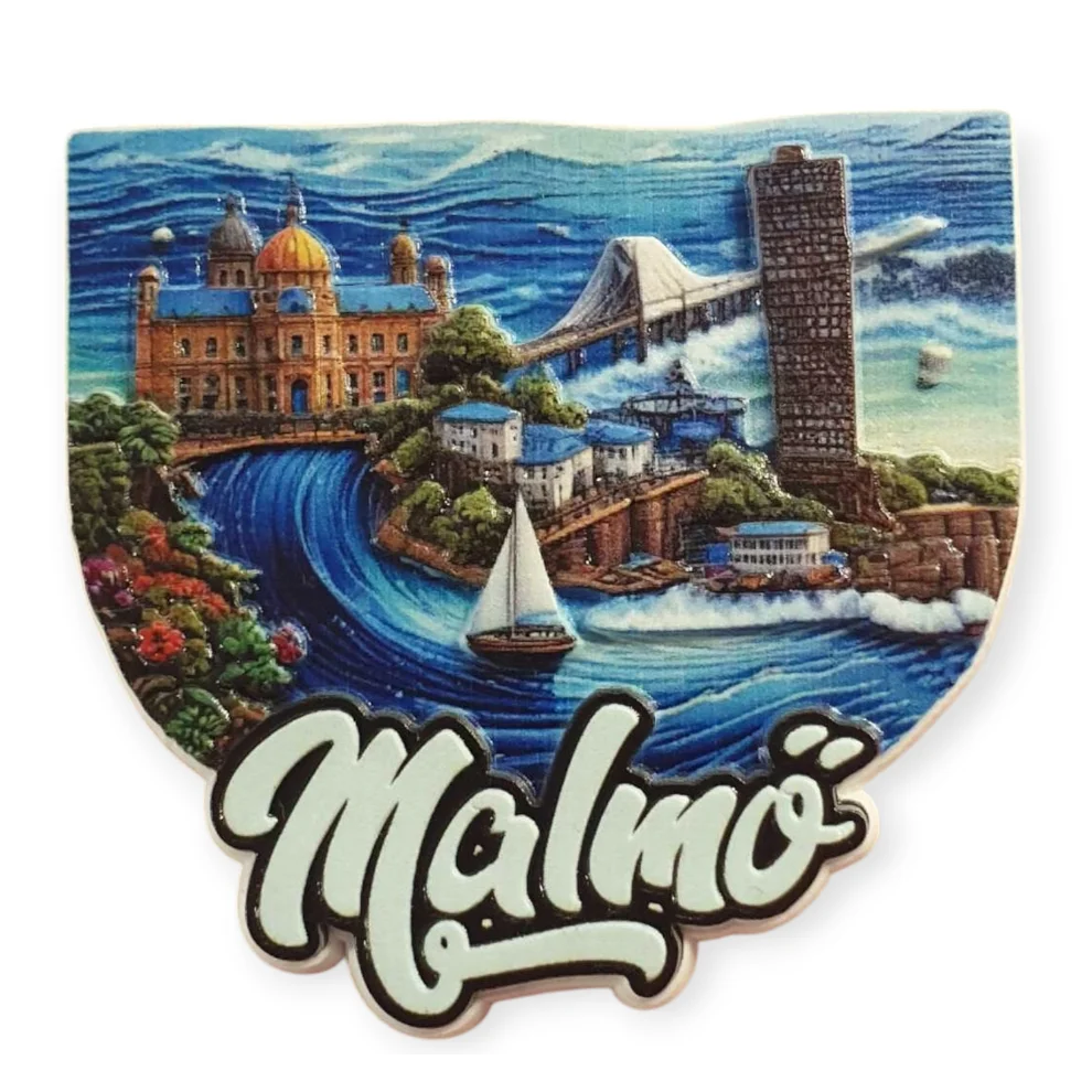 Colorful 3D fridge magnet Malmö featuring iconic buildings and landscapes of the city