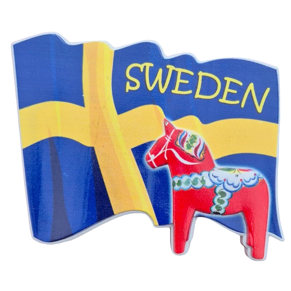 SOUVENIRS SHOP Swedish Dala Horse Magnet with Flag