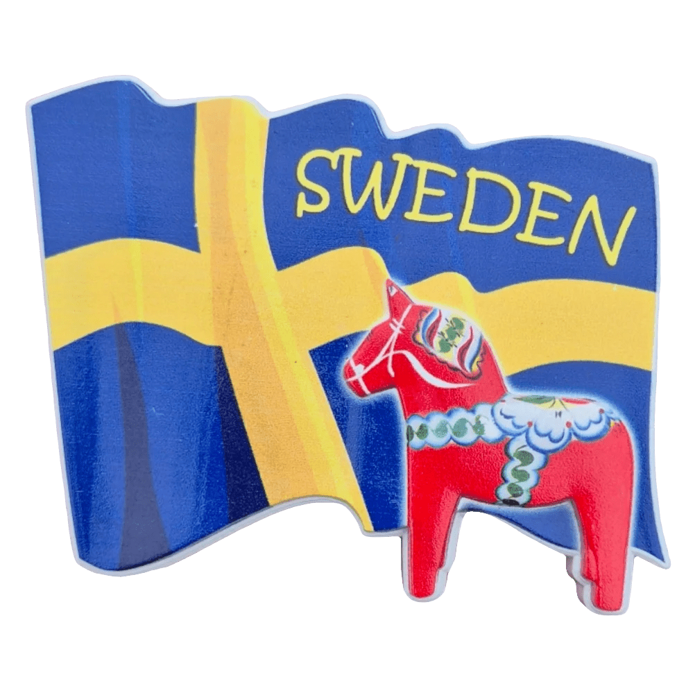 SOUVENIRS SHOP Swedish Dala Horse Magnet with Flag