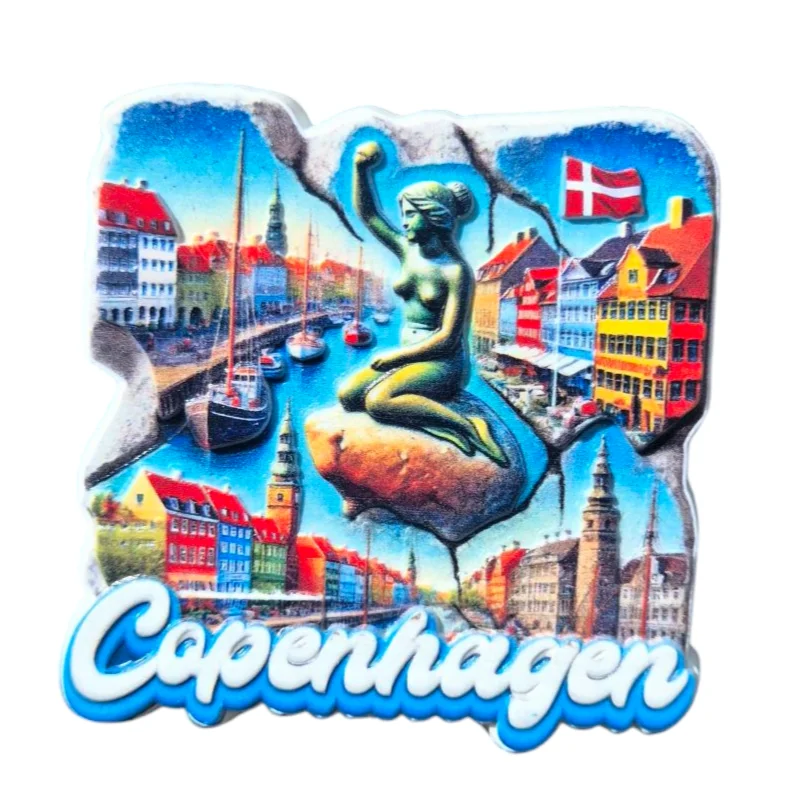 Colorful Copenhagen fridge magnet featuring the Little Mermaid and iconic city landmarks