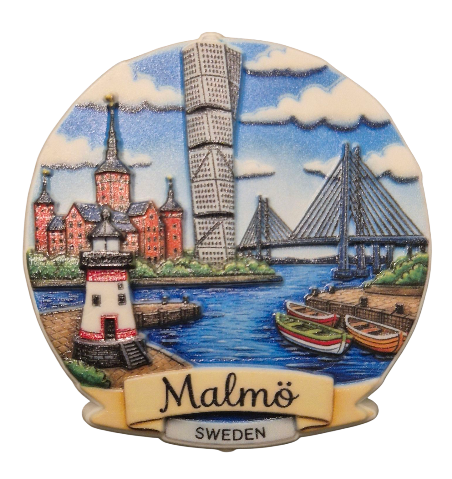 Kylskåpsmagnet med Malmö-skyline