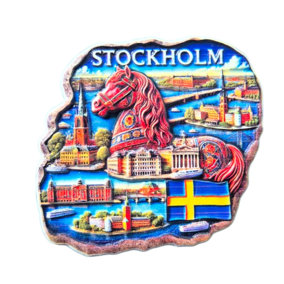 Colorful Stockholm fridge magnet featuring iconic landmarks and a horse design