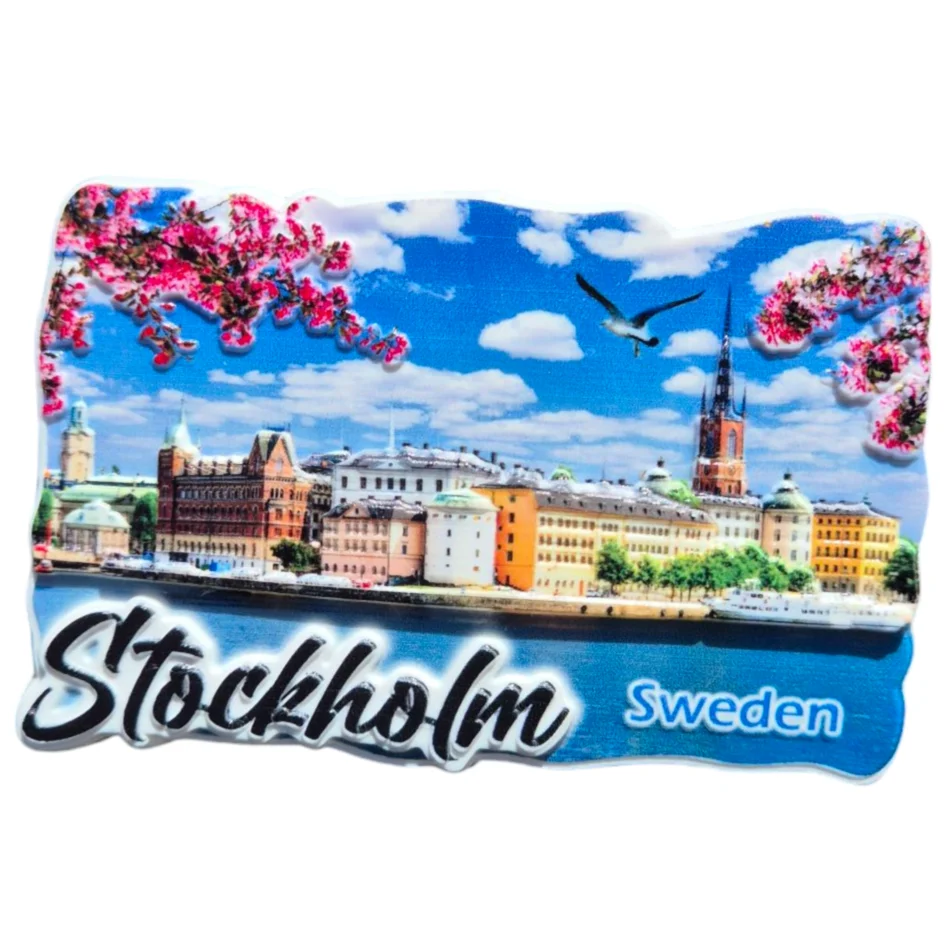 Colorful Stockholm souvenir magnet featuring the city skyline and blooming flowers