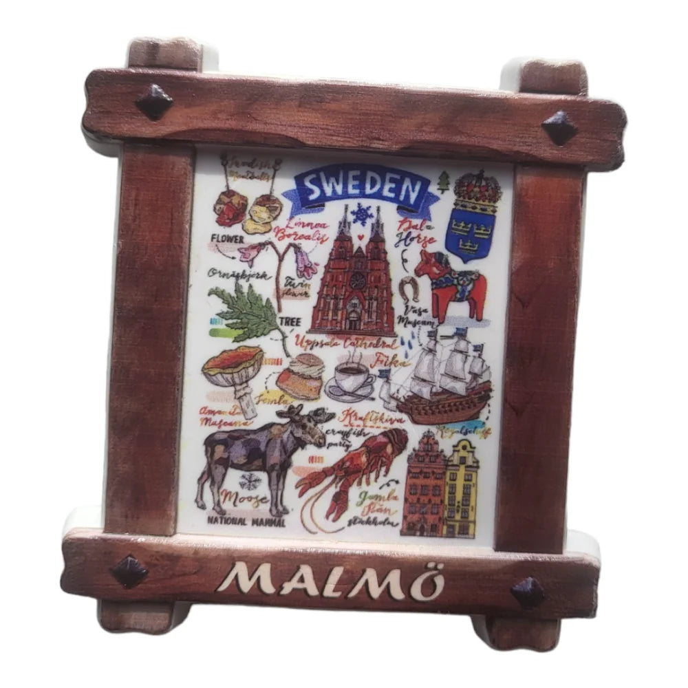 Sweden fridge magnet featuring colorful illustrations of Malmö and Swedish symbols and landmarks