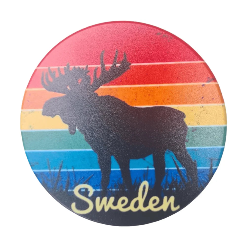 Sweden moose fridge magnet with colorful striped background and silhouette of a moose