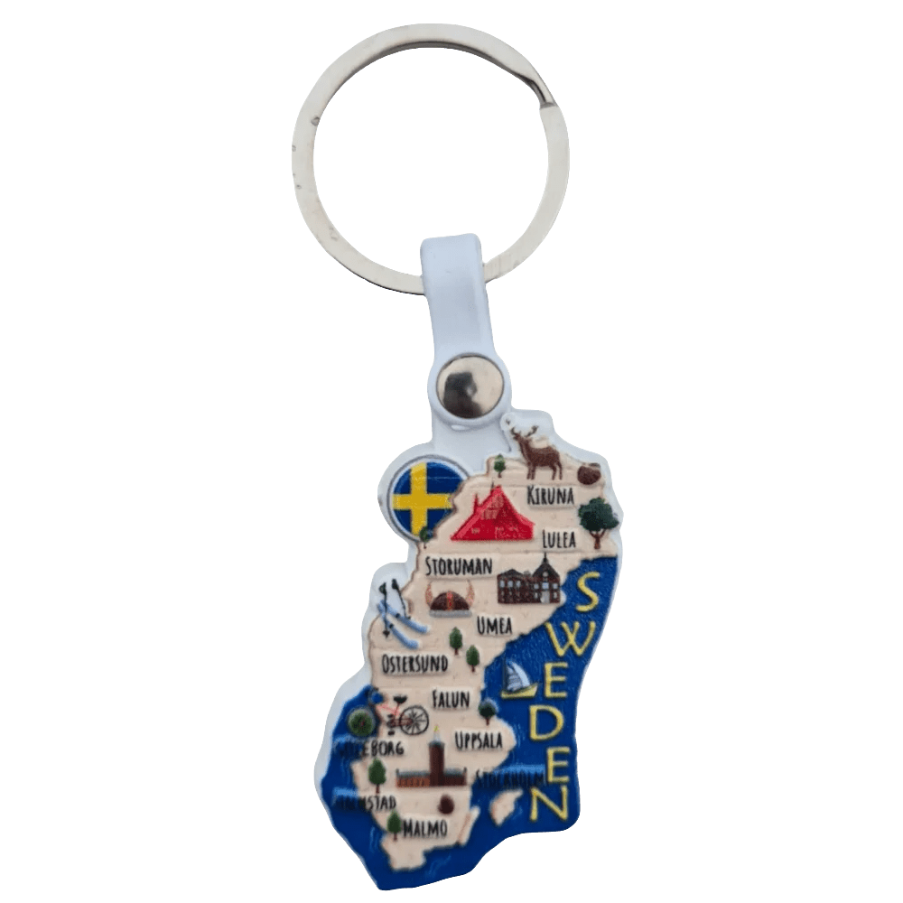 Collection of Swedish keychains featuring designs inspired by Sweden's iconic landmarks