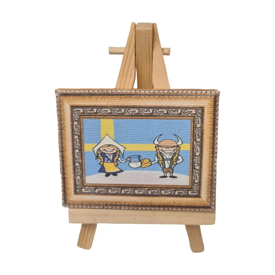 Swedish souvenir canvas featuring a colorful illustration of traditional Swedish characters on a mini easel