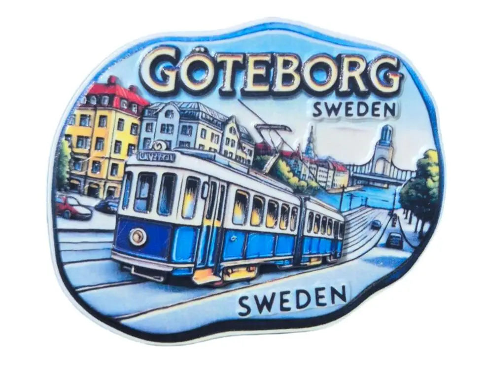 Colorful Göteborg souvenir gifts featuring a scenic tram design and iconic city skyline