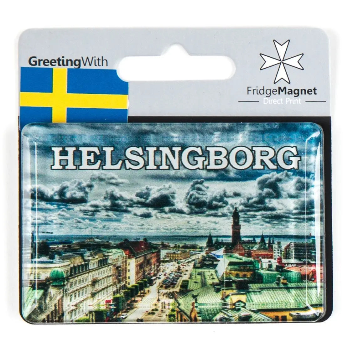 Helsingborg souvenirs collection featuring colorful magnets showcasing beautiful landmarks of Sweden