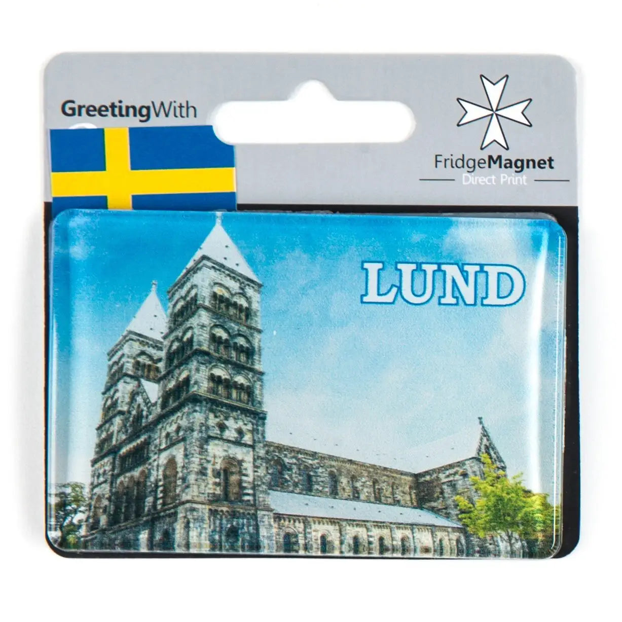 Lund souvenirs Magnet featuring a print of the iconic Lund Cathedral in vibrant colors