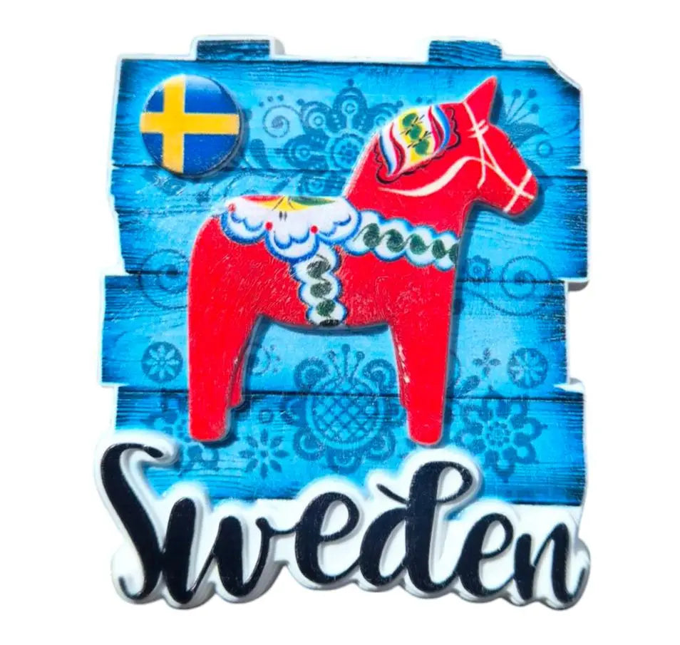 Colorful Sweden magnet souvenirs featuring a picturesque design with a traditional Dala horse