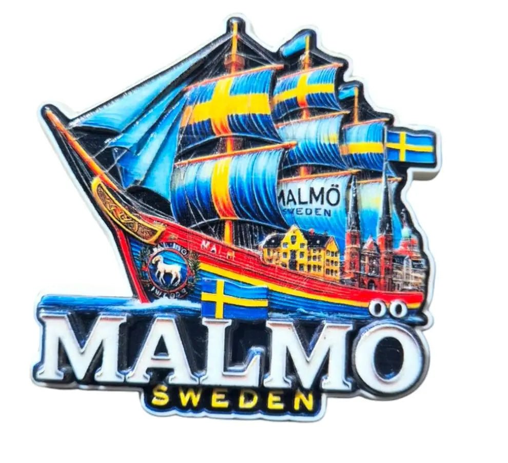 Vibrant Malmö souvenirs Sweden magnet featuring an iconic ship and cityscape design