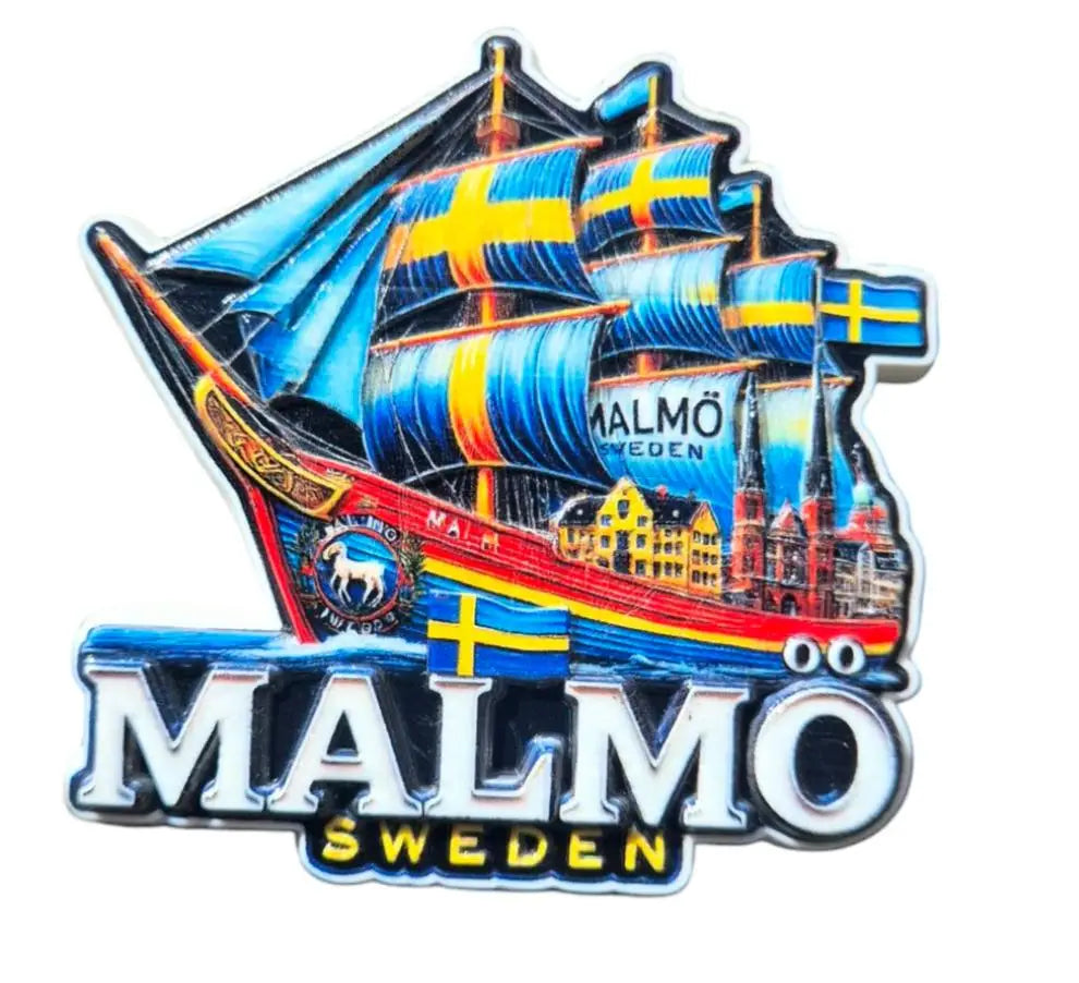 Vibrant Malmö souvenirs Sweden magnet featuring an iconic ship and cityscape design