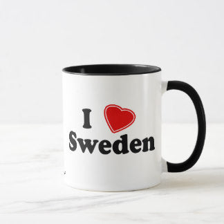 Collection of Scandinavian design coffee mugs featuring iconic Swedish landmarks and vibrant designs