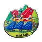 Colorful 3D Malmö fridge magnet featuring traditional dancers and a Swedish house design