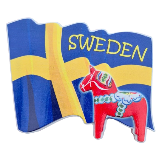 SOUVENIRS SHOP Swedish Dala Horse Magnet with Flag