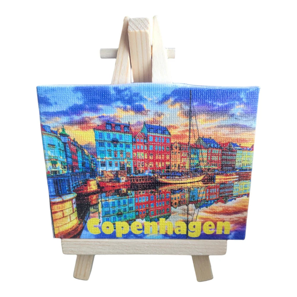 Copenhagen canvas souvenir featuring colorful buildings and reflections on water, perfect for travel memories