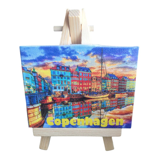 Copenhagen canvas souvenir featuring colorful buildings and reflections on water, perfect for travel memories
