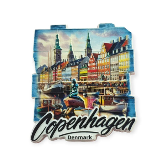 Copenhagen 3D fridge magnet featuring colorful buildings and boats from Nyhavn in Denmark