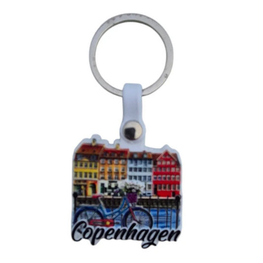 Copenhagen 3D keychain featuring colorful buildings and a bicycle design for souvenirs