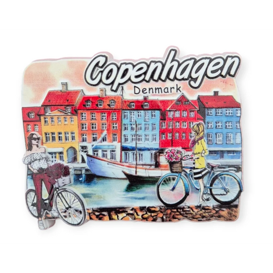 Copenhagen bike souvenir fridge magnet featuring colorful buildings and cyclists