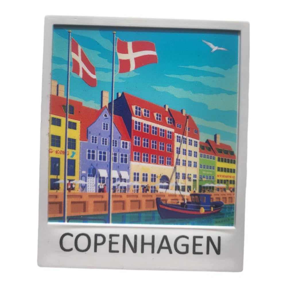 Copenhagen fridge magnet featuring vibrant Danish buildings and flags by the water