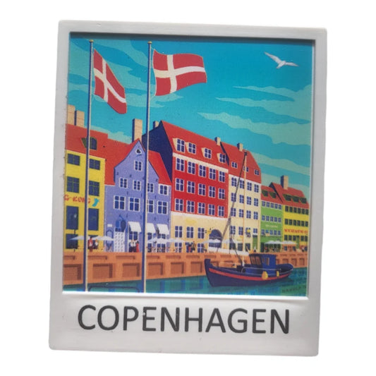 Copenhagen fridge magnet featuring vibrant Danish buildings and flags by the water
