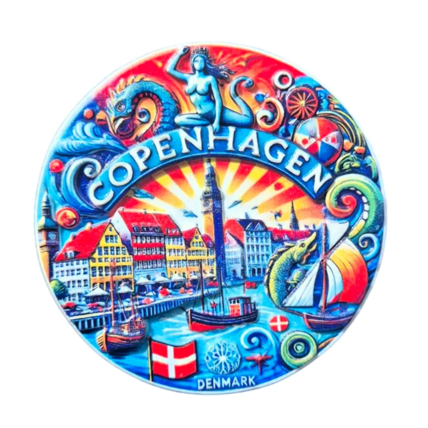Colorful Copenhagen fridge magnet showcasing iconic landmarks and vibrant artwork