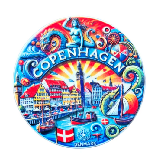 Colorful Copenhagen fridge magnet showcasing iconic landmarks and vibrant artwork