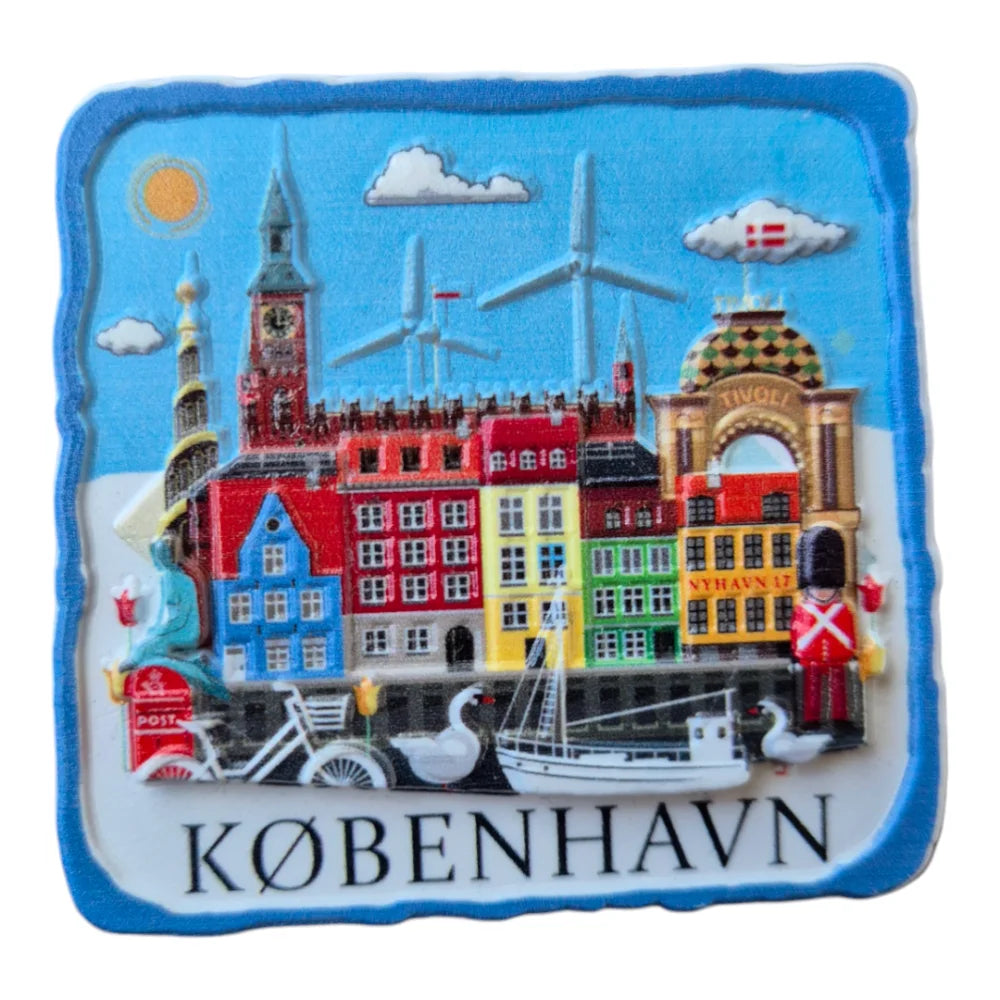 Colorful Copenhagen fridge magnet featuring iconic buildings and landmarks from the city
