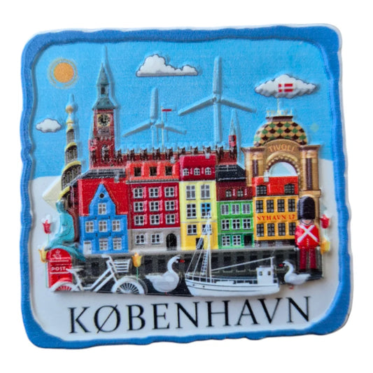Colorful Copenhagen fridge magnet featuring iconic buildings and landmarks from the city