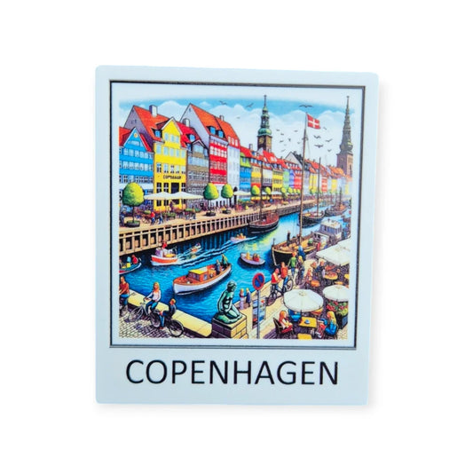 Copenhagen fridge magnet featuring a colorful view of the city's waterfront and iconic architecture