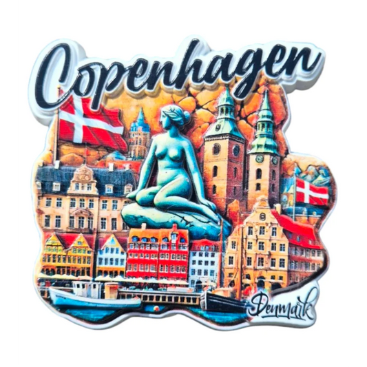 Colorful Copenhagen fridge magnet featuring iconic landmarks and a statue for souvenir collectors