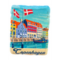 Copenhagen fridge magnet featuring colorful row houses and Danish flags by the waterfront