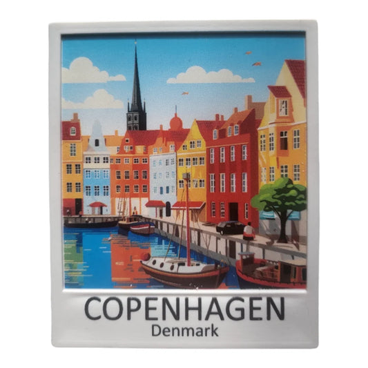 Copenhagen fridge magnet featuring colorful waterfront buildings and boats in Denmark