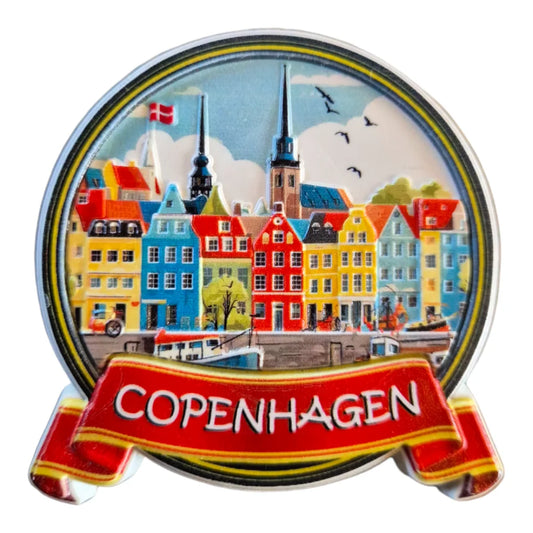 Colorful Copenhagen fridge magnet featuring iconic cityscape with vibrant buildings and towers