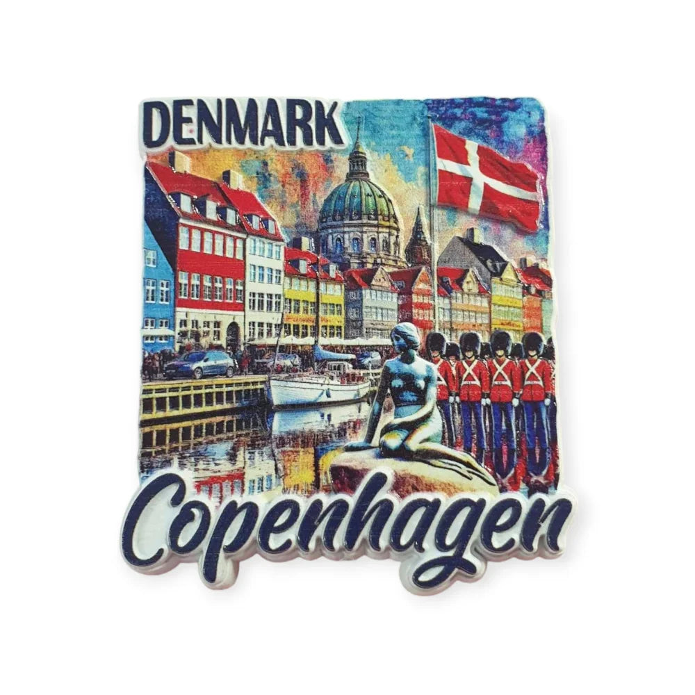 Colorful Copenhagen fridge magnet featuring iconic landmarks and the Little Mermaid statue
