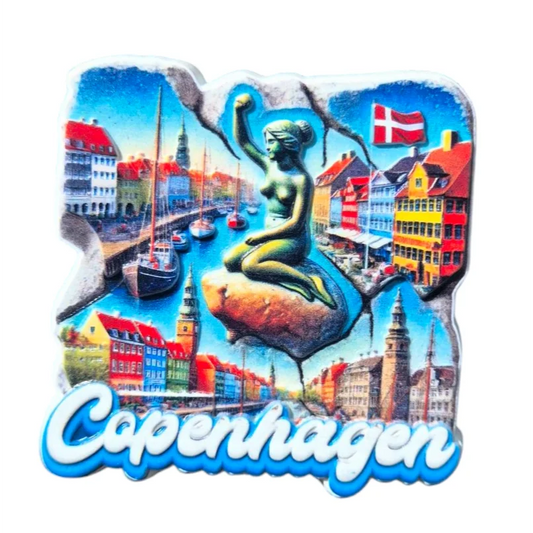 Colorful Copenhagen fridge magnet featuring the Little Mermaid and iconic city landmarks