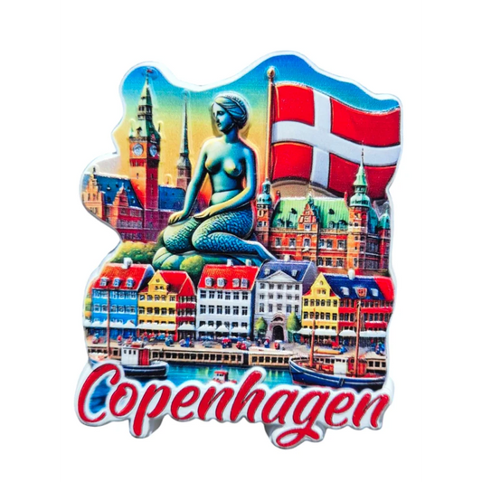 Colorful Copenhagen fridge magnet featuring the Little Mermaid and iconic buildings