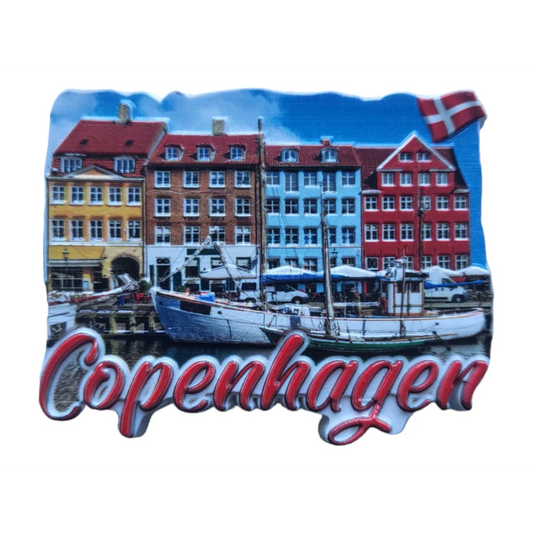Copenhagen fridge magnet mini featuring colorful townhouses and boats by the harbor