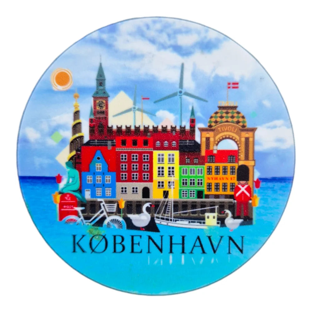 Copenhagen fridge magnet souvenir featuring colorful buildings and iconic landmarks of the city