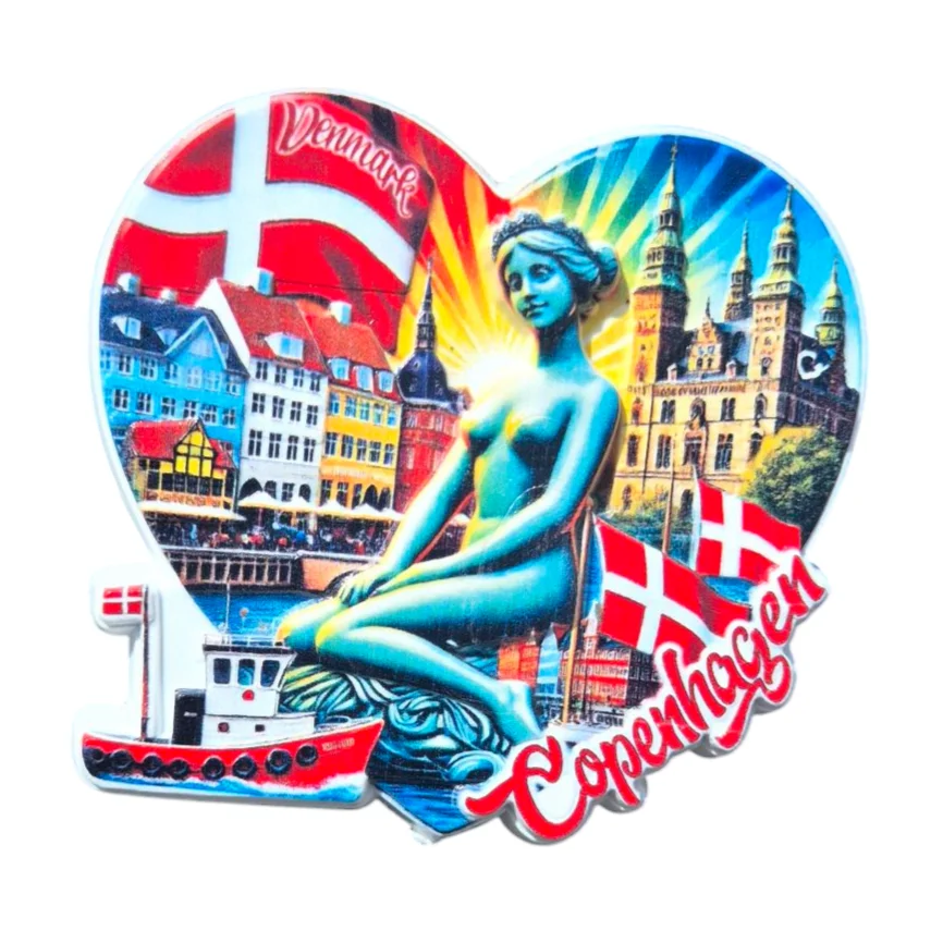 Copenhagen fridge magnet souvenir featuring a colorful design of the Little Mermaid and iconic landmarks