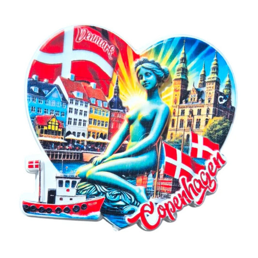 Copenhagen fridge magnet souvenir featuring a colorful design of the Little Mermaid and iconic landmarks