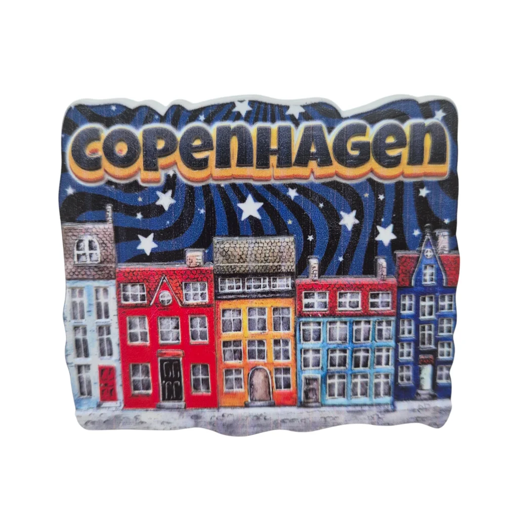 Copenhagen night skyline magnet featuring colorful buildings and a starry backdrop from the Souvenirs Shop