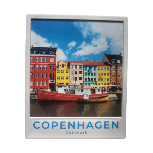 Copenhagen Nyhavn fridge magnet featuring colorful buildings and boats from the iconic waterfront