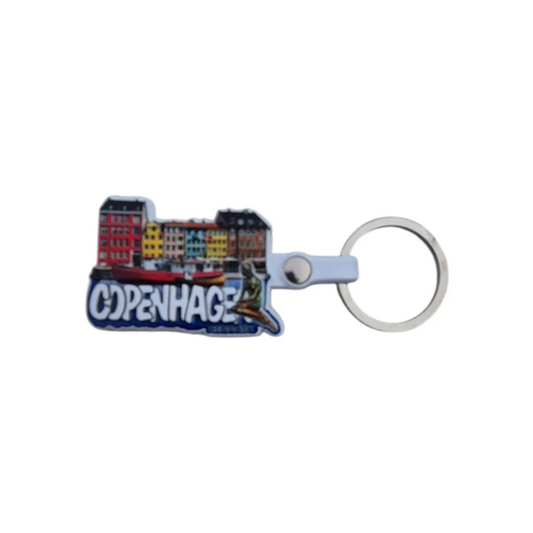 Copenhagen Nyhavn keychain featuring colorful buildings and a durable metal ring