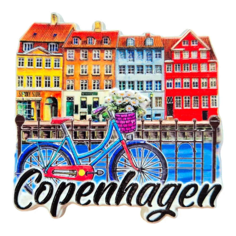 Copenhagen Nyhavn souvenir featuring a colorful illustration of a bike by the canal
