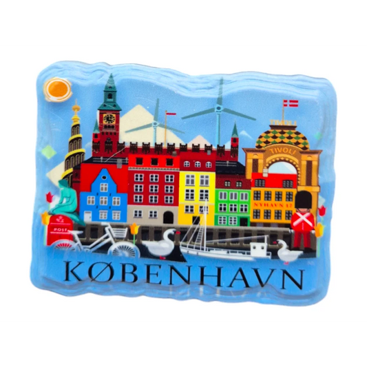 Copenhagen souvenir magnet featuring colorful buildings and iconic landmarks from Copenhagen