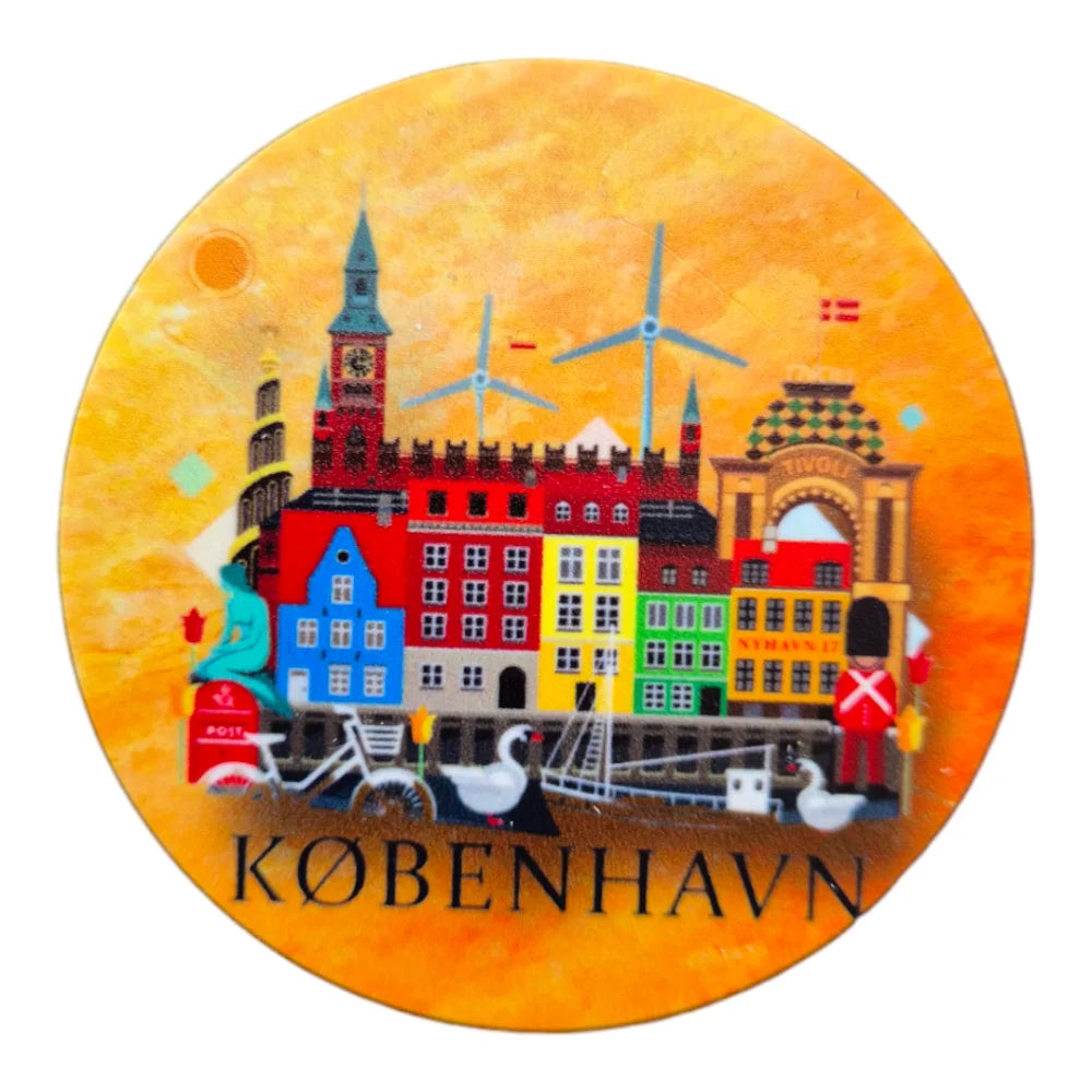 Vibrant Copenhagen souvenir magnet featuring colorful buildings and windmills in a scenic design