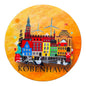 Vibrant Copenhagen souvenir magnet featuring colorful buildings and windmills in a scenic design